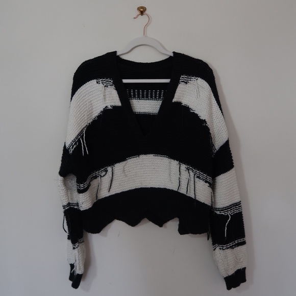 WILDFOX Kara Black White Striped Fringe Ripped Sweater - Picture 7 of 9